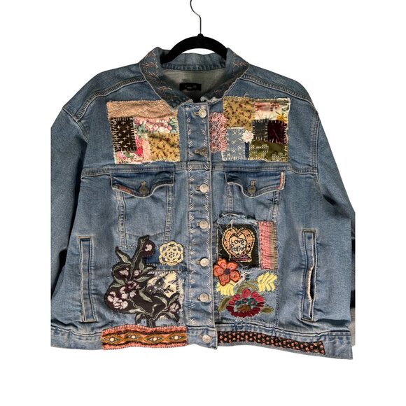 Express Altered Hand Embroidered Upcycled Patched Denim Jacket - Picture 1 of 15